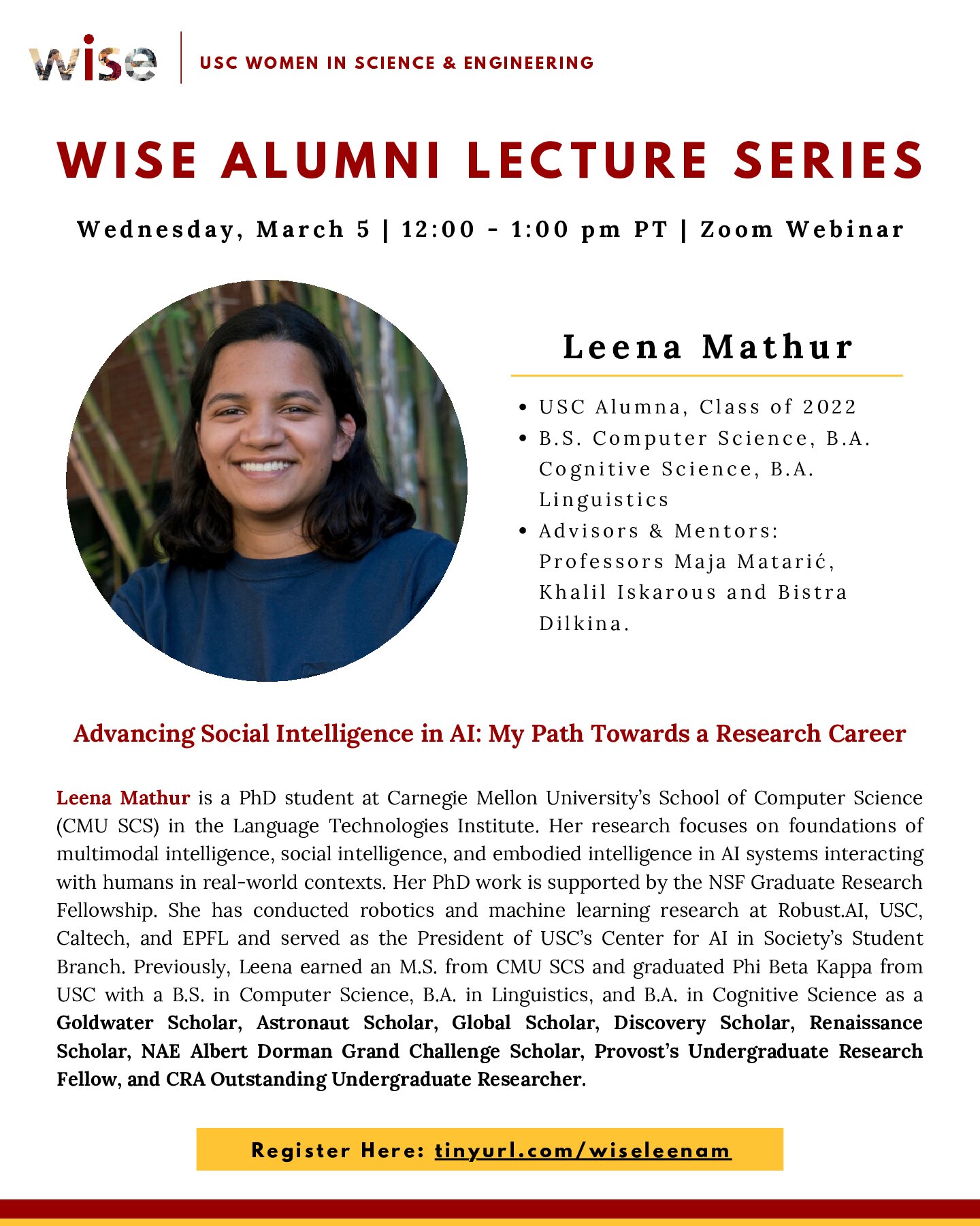 Featured image for “[UG/MS/PhD] Invitation: WiSE Alumni Lecture Series featuring USC Alumna, Leena Mathur on March 5!”